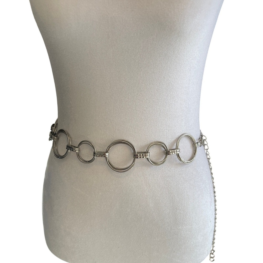 Silver Tone O-Ring Chain Belt Adjustable Hammered Link Geometric Waist Belt